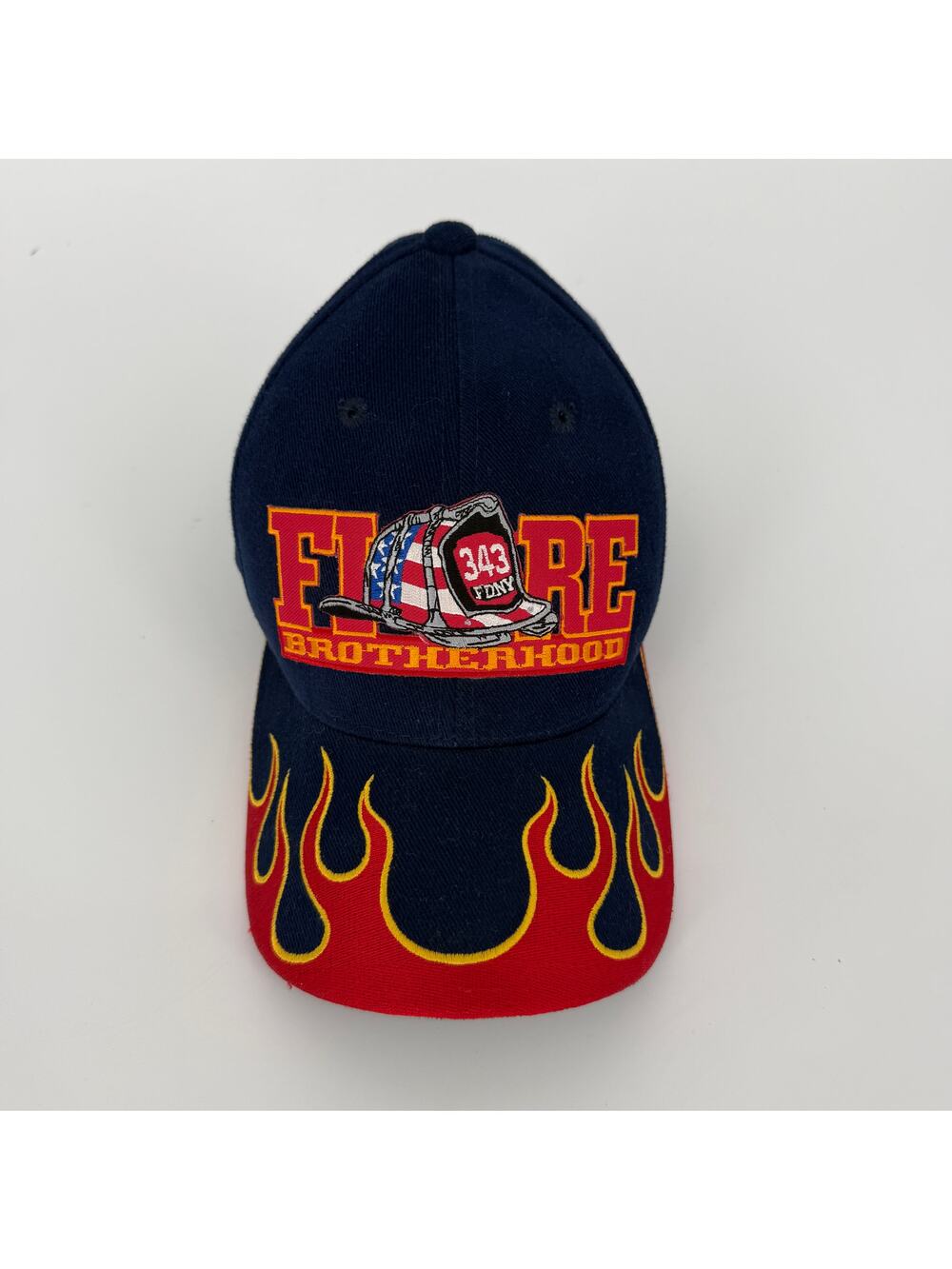 FDNY 343 Fire Brotherhood Hat Cap Flames Blue Red Asjustable Flag‎ Helmet